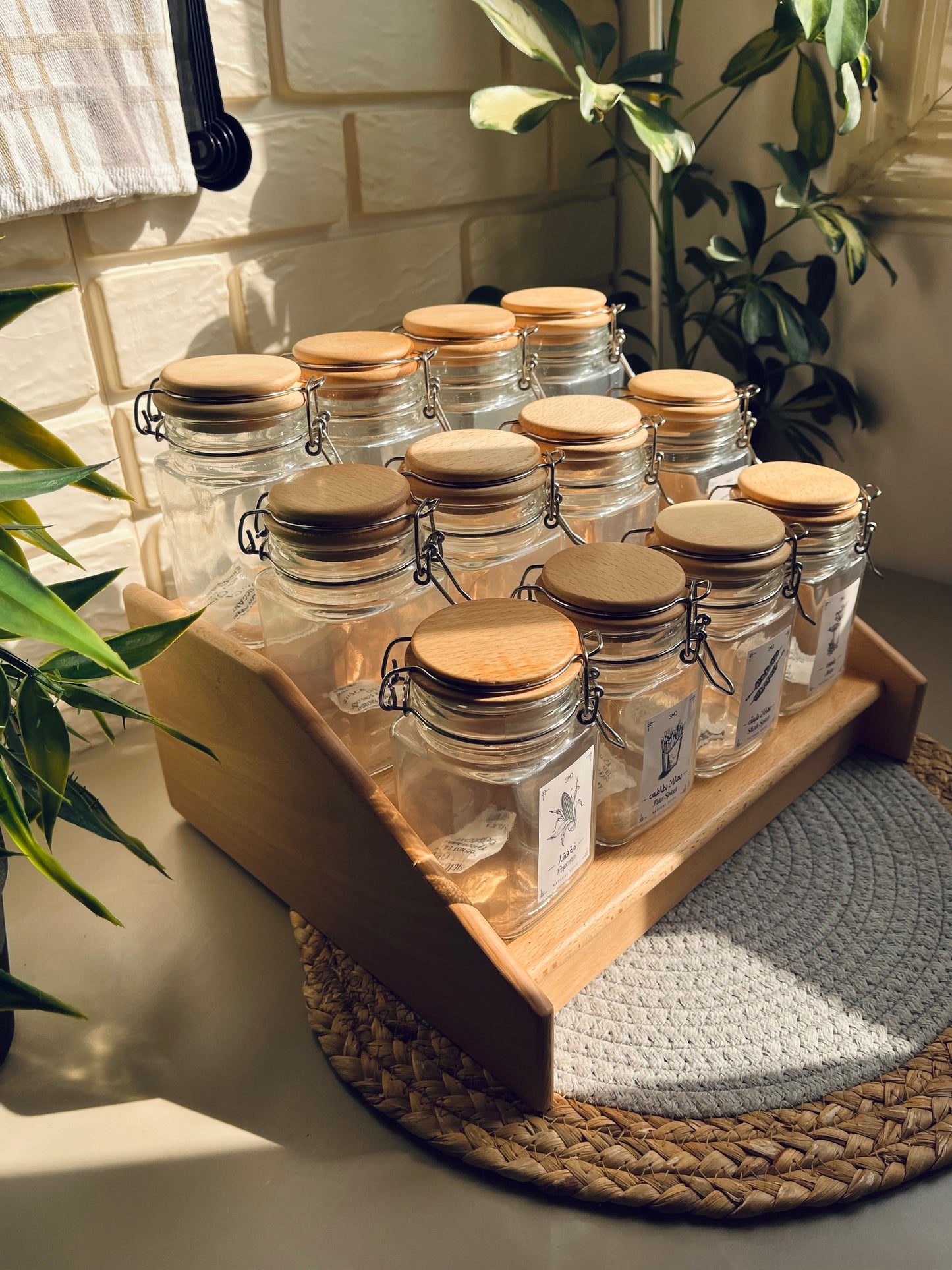 Set of  12  (كلبس)  glass jars 300ml +stairs organizer