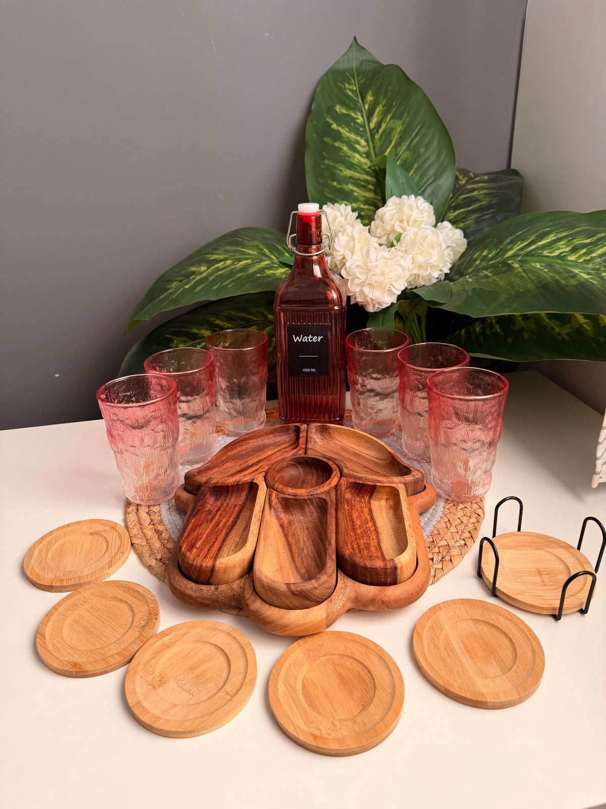 (Bundle )6glass cups-glass bottle-nuts plate-bamboo coasters