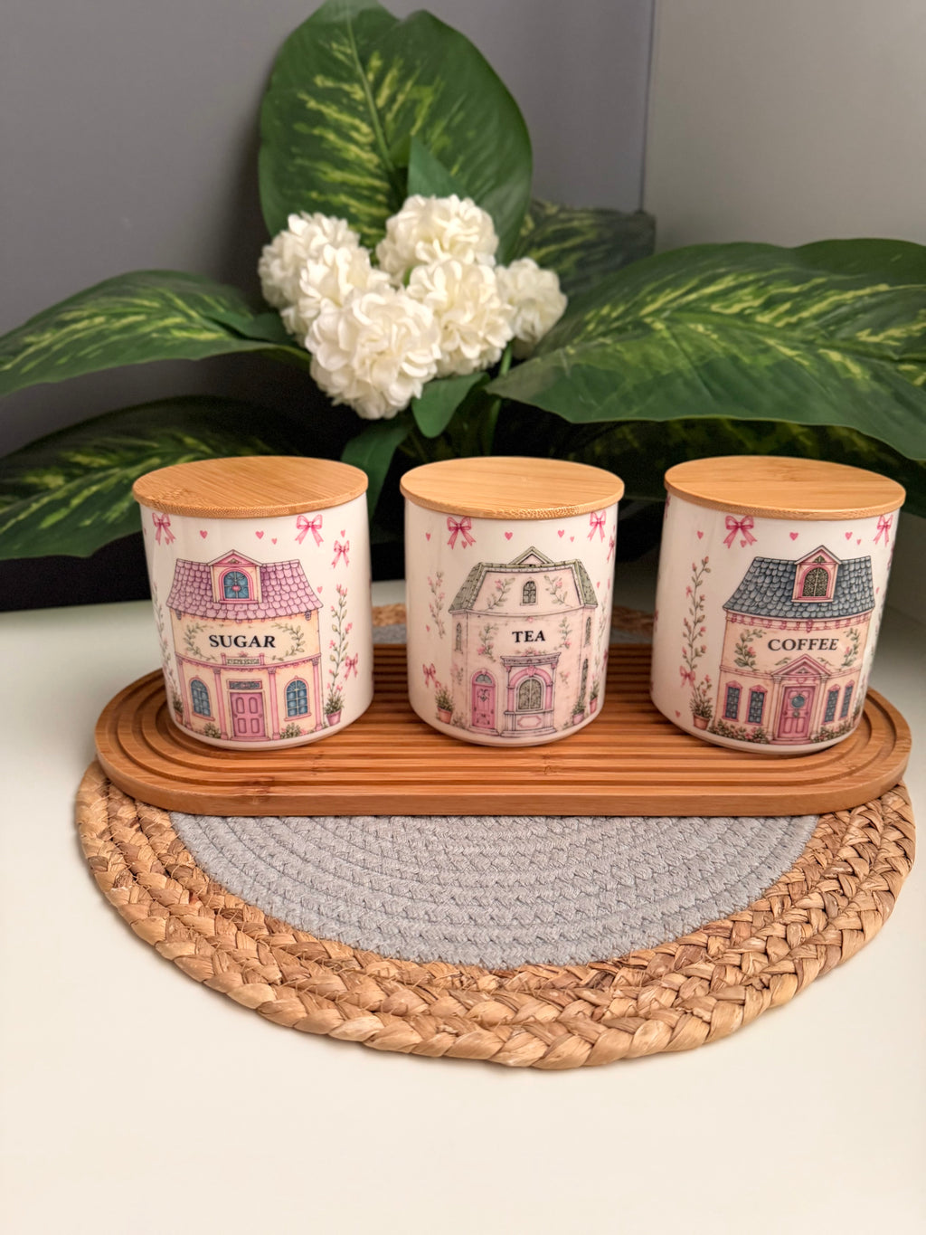 Set of 3 Porcelain Jars home+cravy Tray (coffee-Sugar-Tea)(code32)