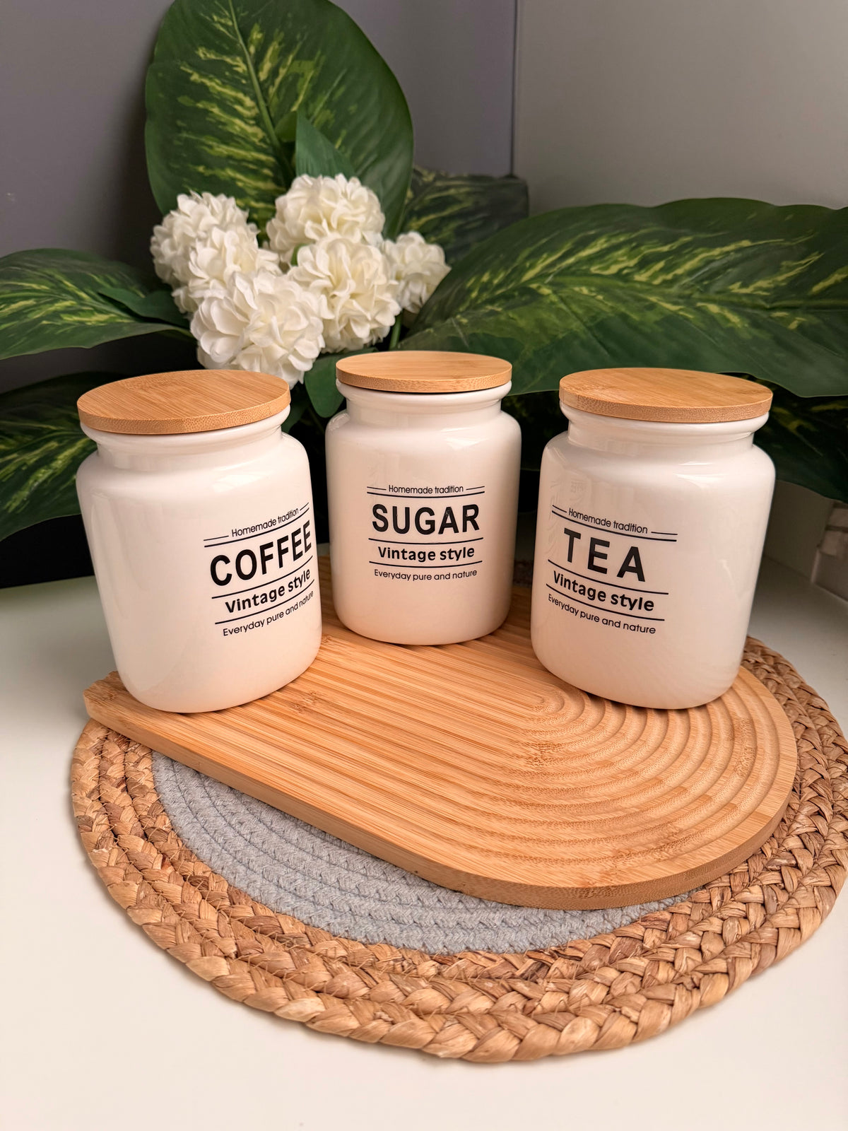 Set of 3 Porcelain Jars + (غطاء خشب) (coffee-Sugar-Tea)(code91)(code264)