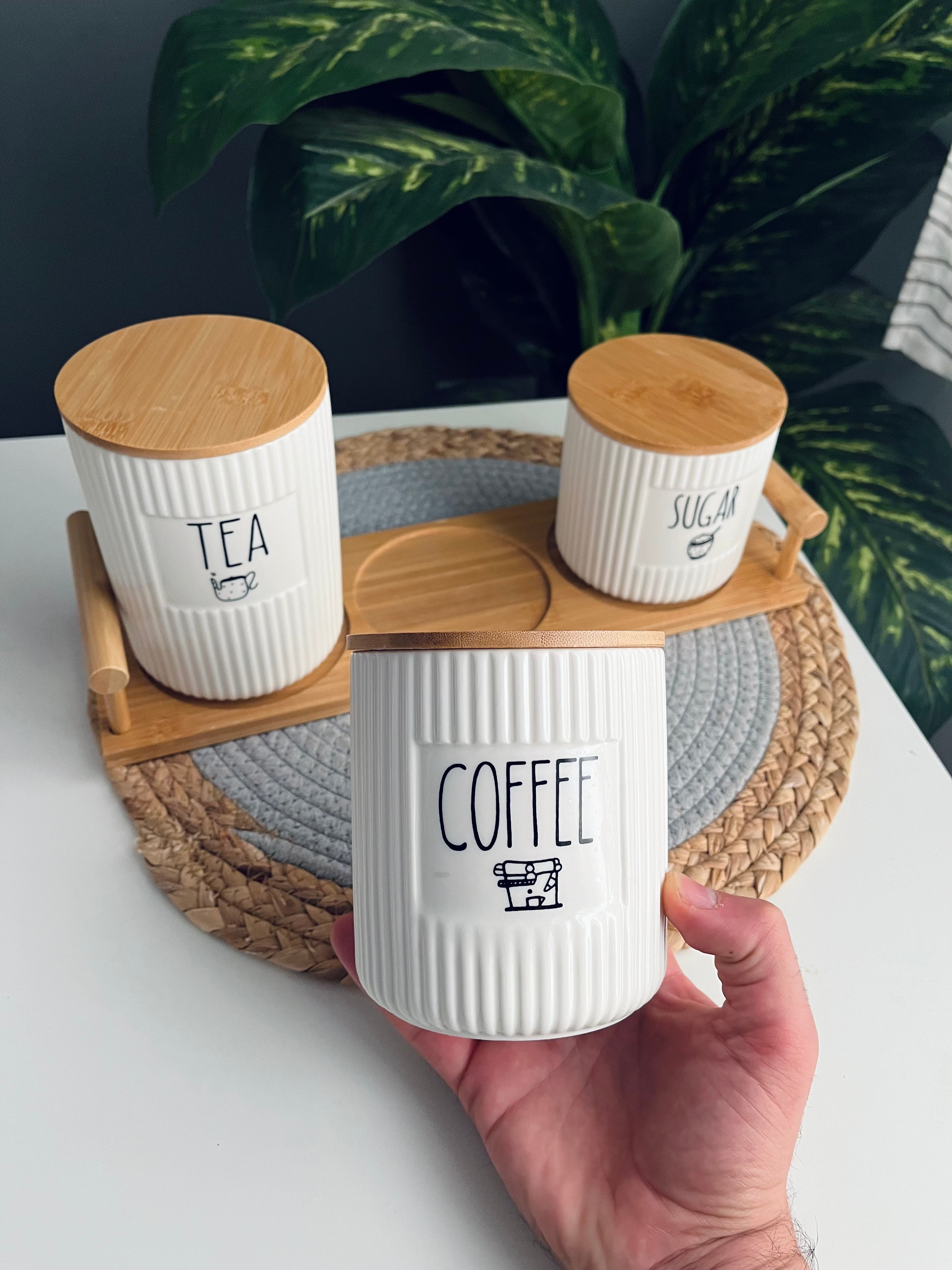 (Mq) Set of 3 porcelain jars +tray (coffee -sugar -tea)new(مضلع)