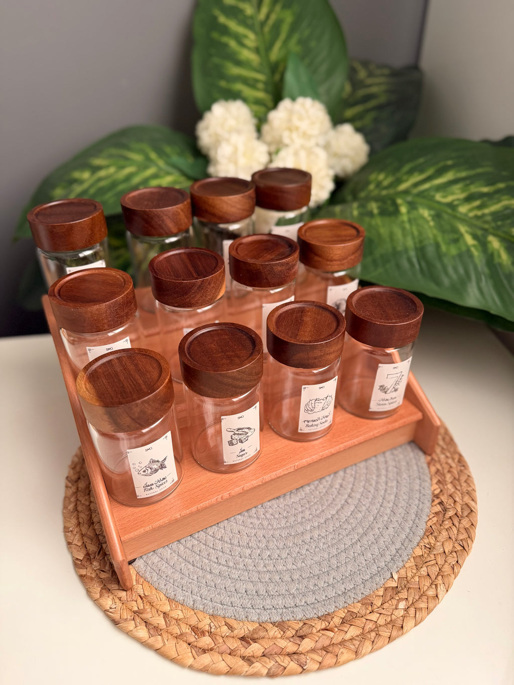 Set 12 glass  jars (250ml)c315+ stairs  organizer (without sticker)غامق (سلم)