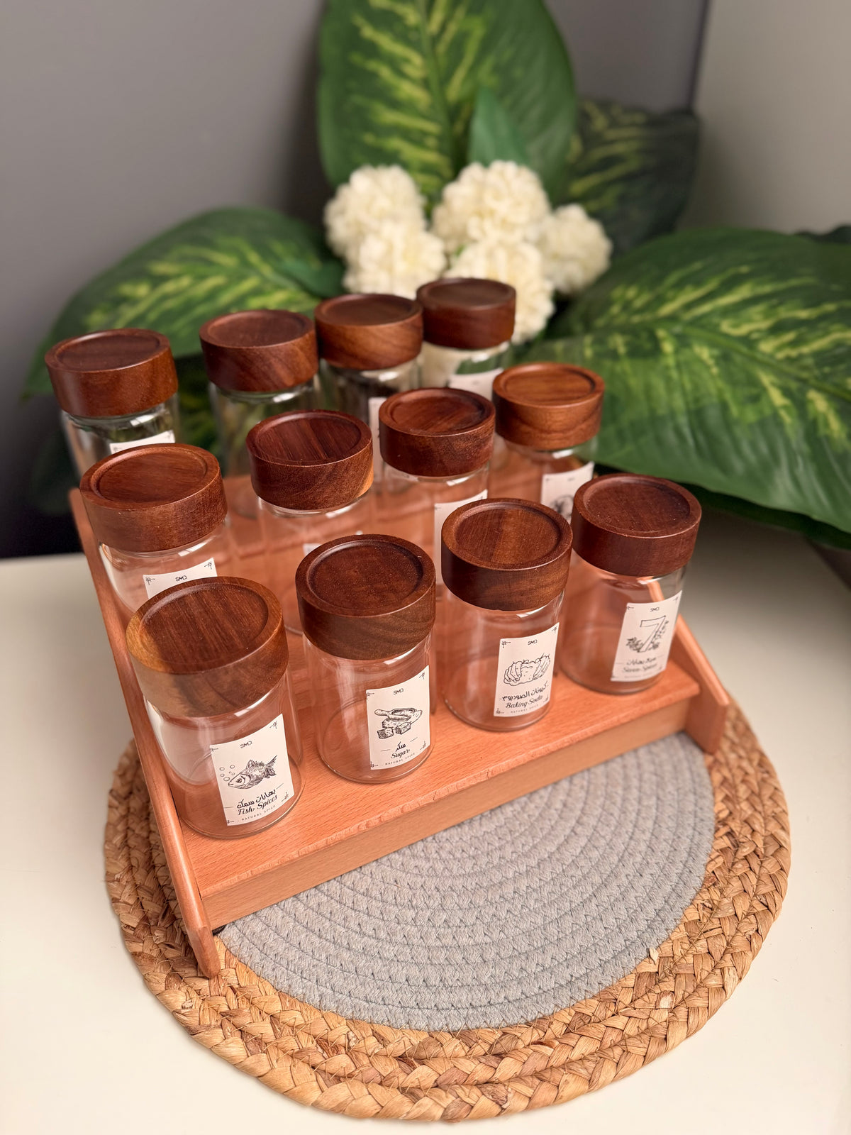 Set 12 glass  jars (250ml)c315+ stairs  organizer (without sticker)غامق (سلم)