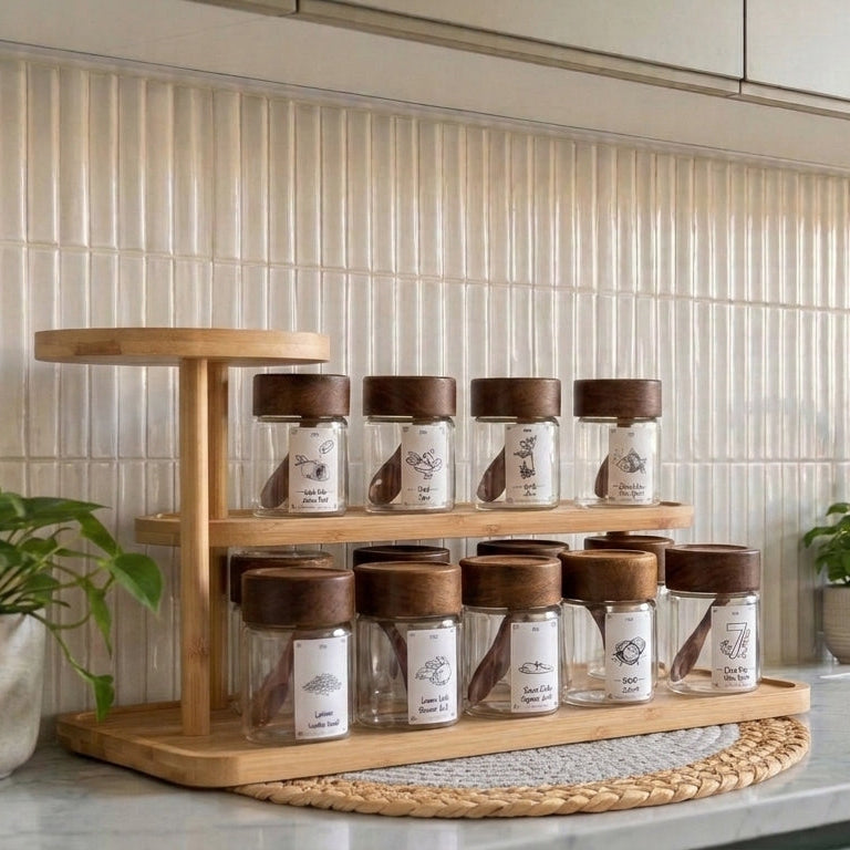 Set of 12 glass jars (code316)+bamboo organizer(C360)+sticker(رسومات)