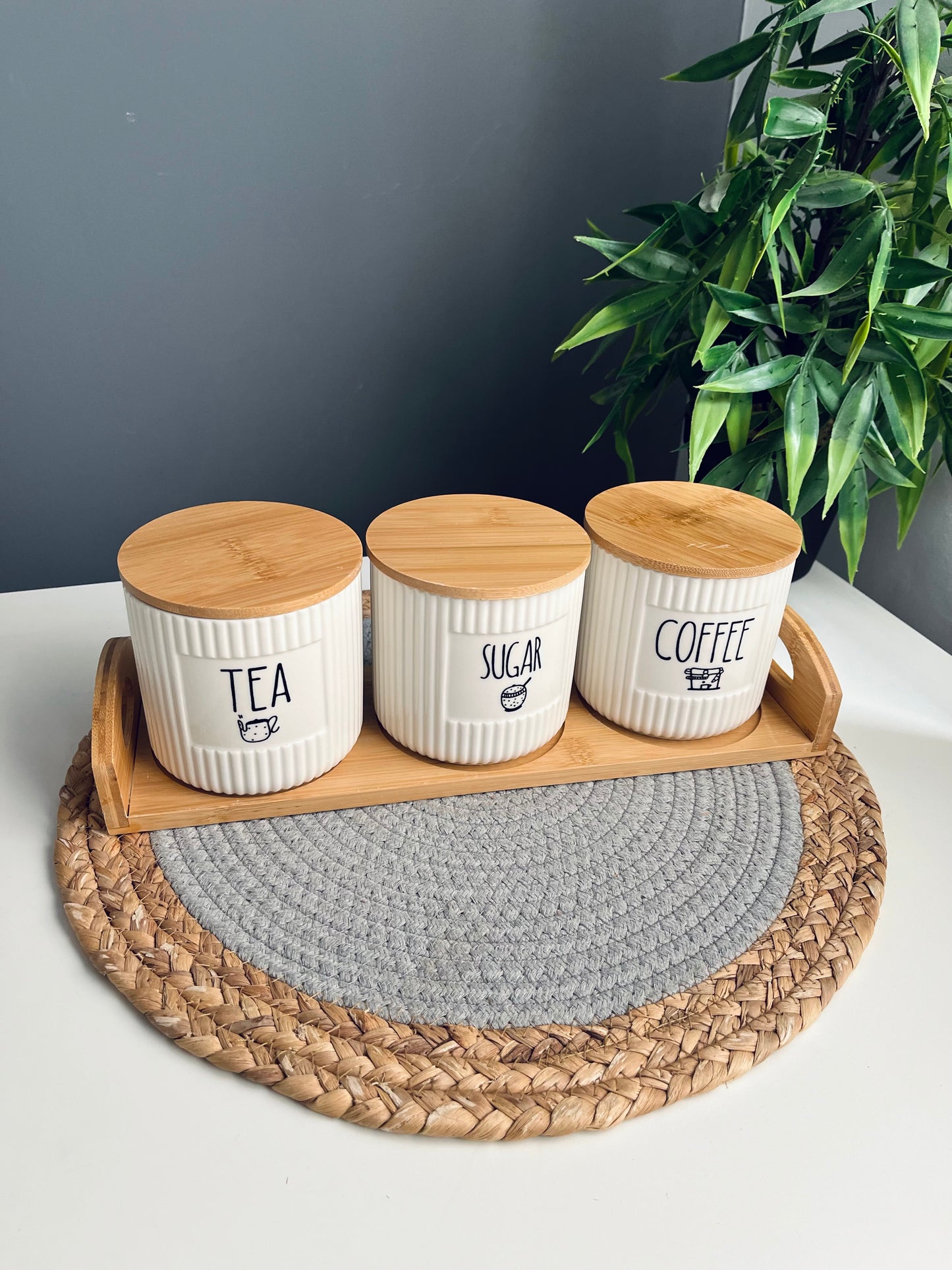 Set of 3 porcelain jars +hilder (coffee -sugar -tea)new(مضلع)