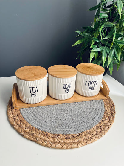 Set of 3 porcelain jars +hilder (coffee -sugar -tea)new(مضلع)