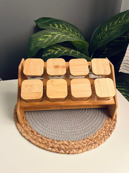 Set of 8 glass jars مربع+bamboo holder(250ml)