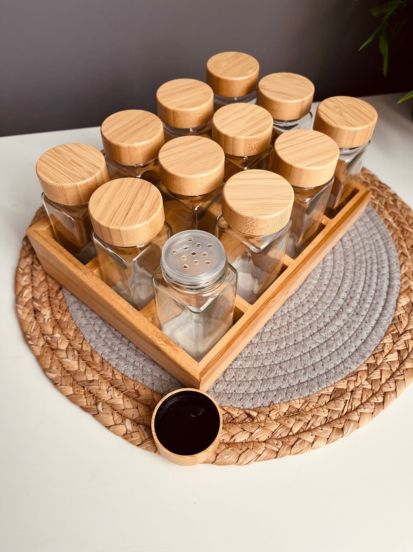 Set of 12 glass jars 150ml + new organiz(bamboo)