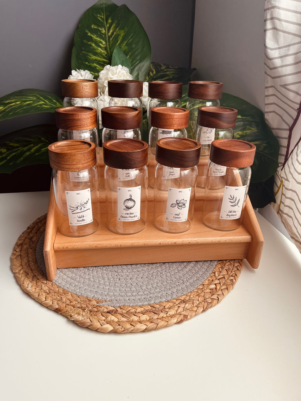 Set 12 glass  jars 300ml+ stairs  organizer (without sticker)غامق (سلم)