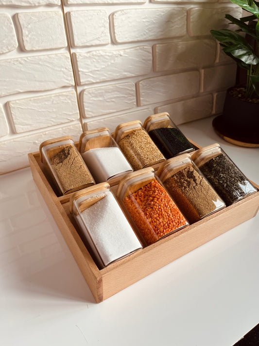 Set of 8 glass jars 250ml+drawer organizer